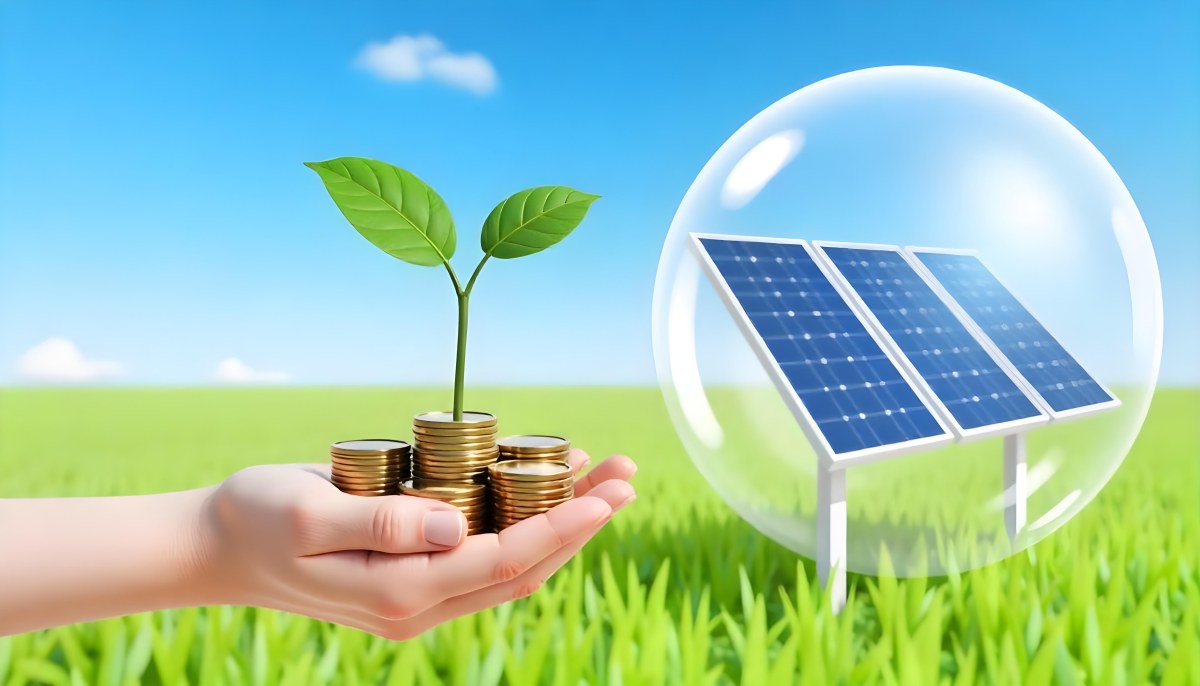 A Hand Holding A Light Bulb With Green Grass On Top Of It Solar Panels In A Green Field And A Blue Sky 51 9367