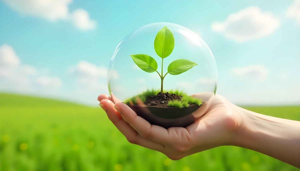 A Hand Holding A Light Bulb With Green Grass On Top Of It Solar Panels In A Green Field And A Blue Sky 55 046b