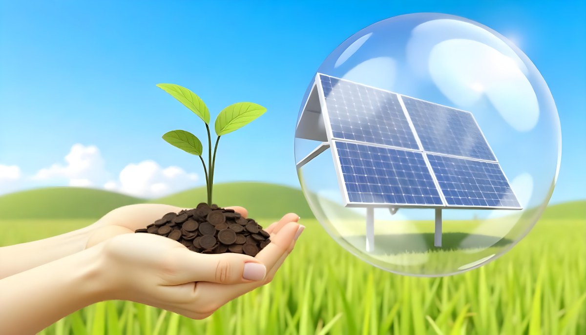 A Hand Holding A Light Bulb With Green Grass On Top Of It Solar Panels In A Green Field And A Blue Sky 59 9b7c