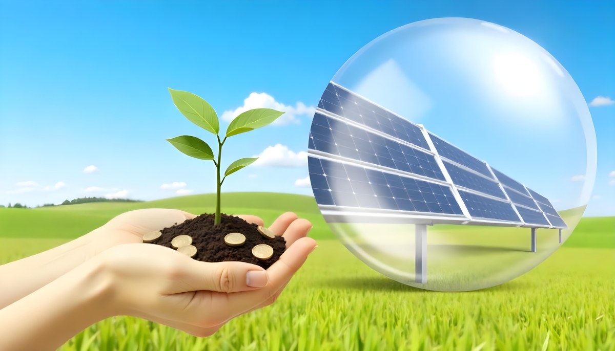 A Hand Holding A Light Bulb With Green Grass On Top Of It Solar Panels In A Green Field And A Blue Sky 65 D270