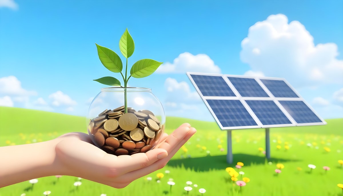 A Hand Holding A Light Bulb With Green Grass On Top Of It Solar Panels In A Green Field And A Blue Sky 70 76c5
