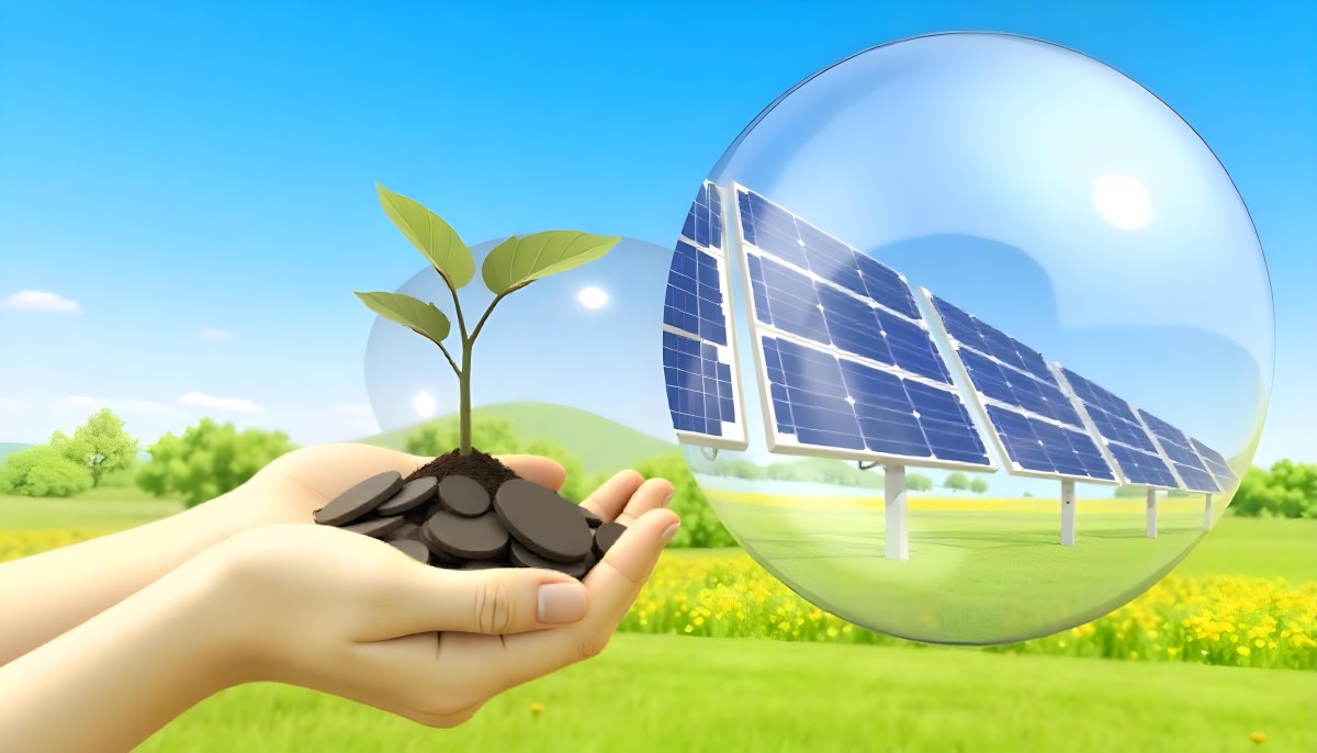 A Hand Holding A Light Bulb With Green Grass On Top Of It Solar Panels In A Green Field And A Blue Sky 74 997b