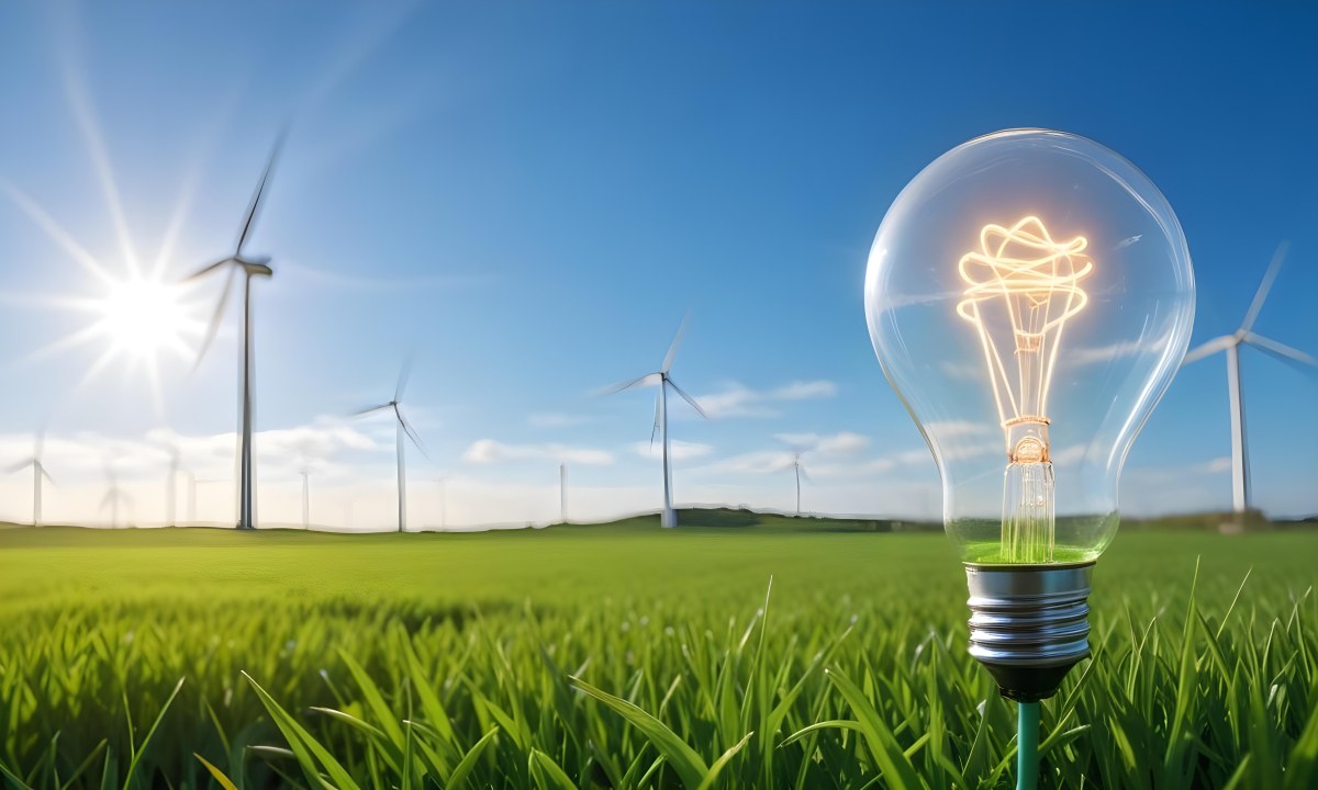 A Hand Holding A Light Bulb With Green Grass On Top Of It Solar Panels In A Green Field And A Blue Sky 89 C75a