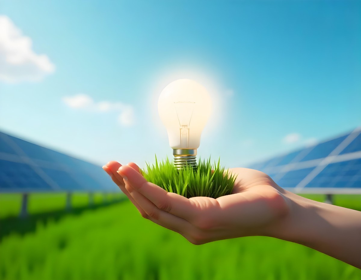 A Hand Holding A Light Bulb With Green Grass On Top Of It Solar Panels In A Green Field And A Blue Sky 9 22f8
