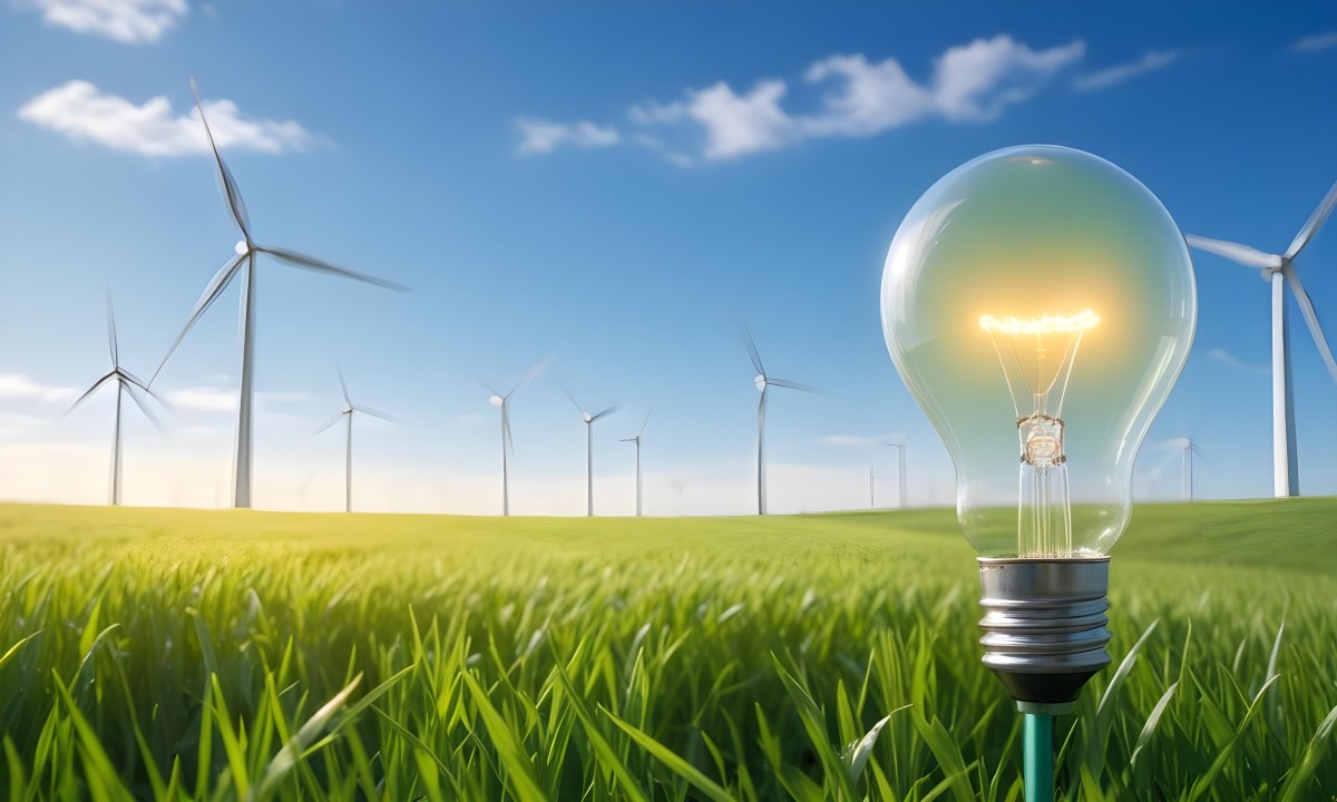 A Hand Holding A Light Bulb With Green Grass On Top Of It Solar Panels In A Green Field And A Blue Sky 92 Cb48