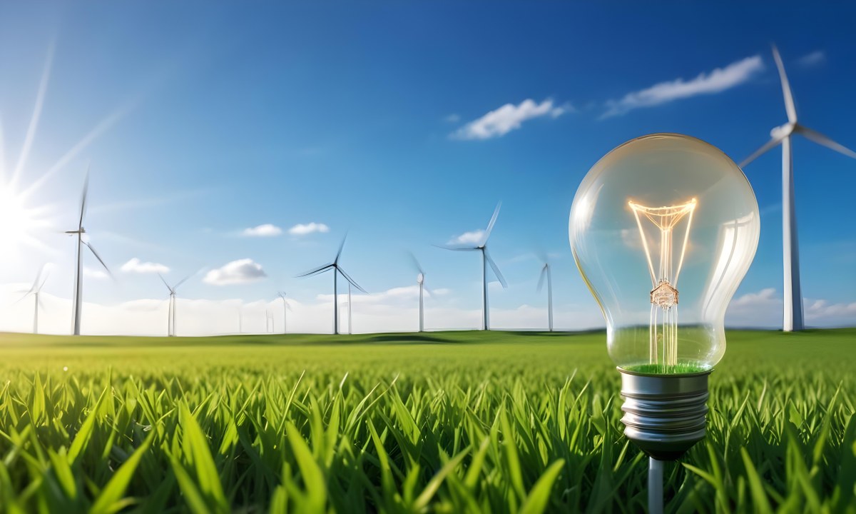 A Hand Holding A Light Bulb With Green Grass On Top Of It Solar Panels In A Green Field And A Blue Sky 96 520c