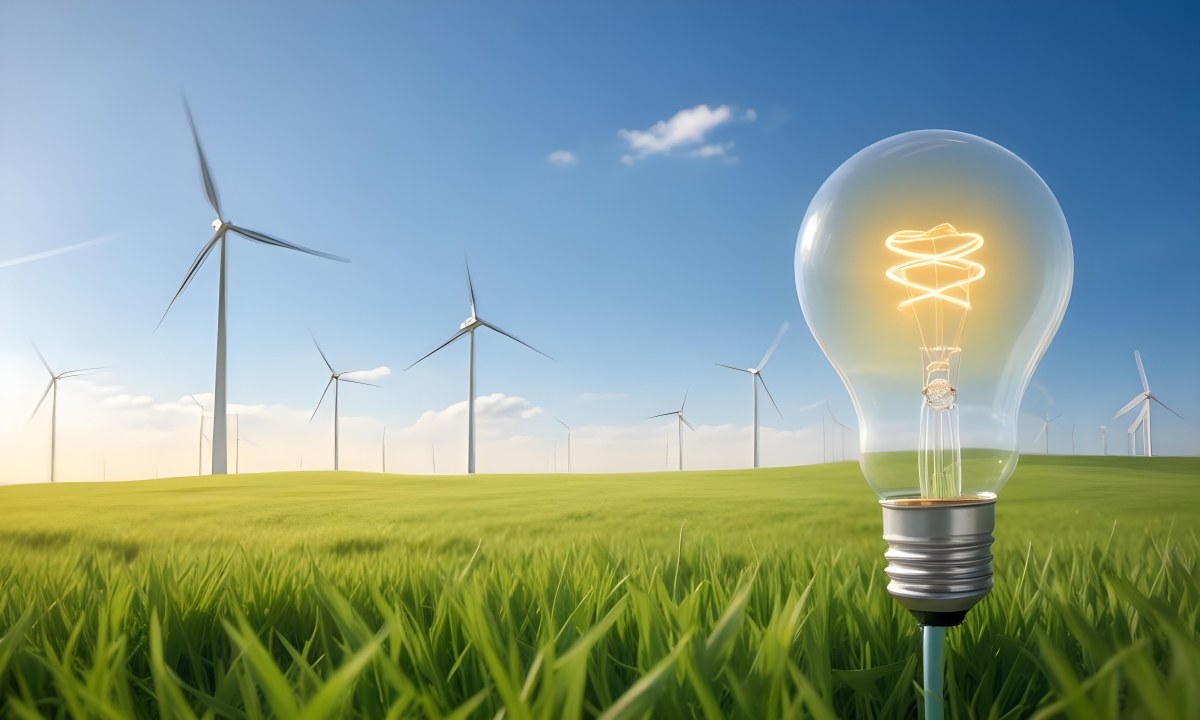 A Hand Holding A Light Bulb With Green Grass On Top Of It Solar Panels In A Green Field And A Blue Sky 97 B68d