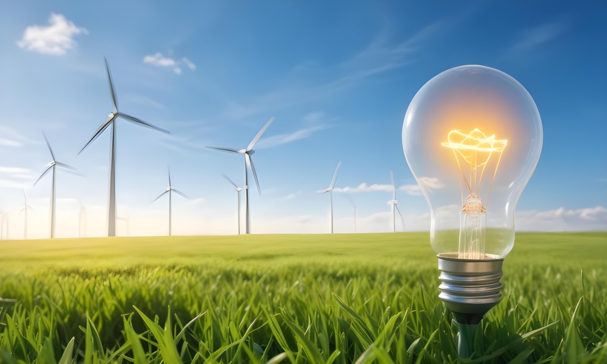 A Hand Holding A Light Bulb With Green Grass On Top Of It Solar Panels In A Green Field And A Blue Sky 98 3d56