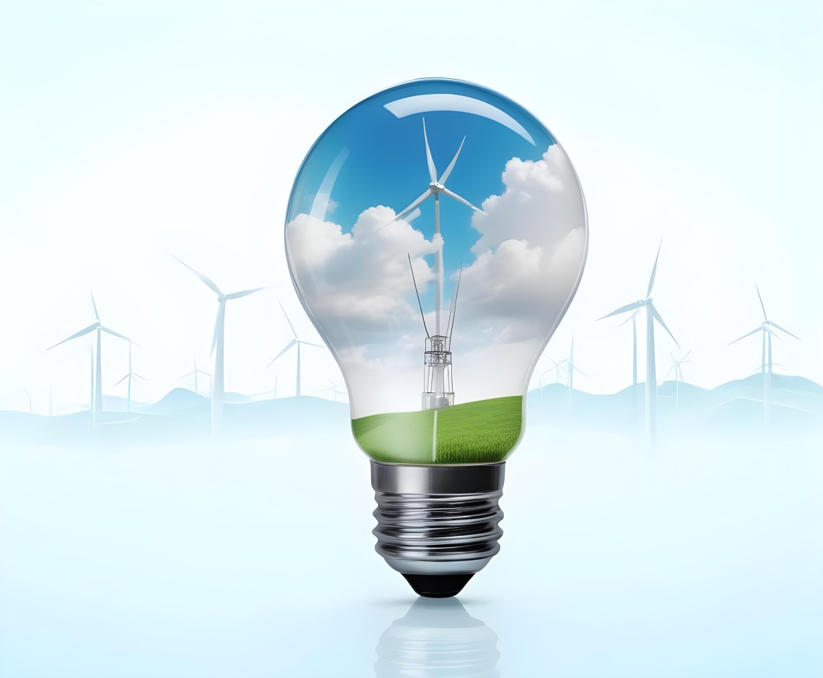 A Light Bulb With A Green Field And Wind Turbines Inside Blue Sky With Clouds More Wind Turbines In The Background 16 7e7b
