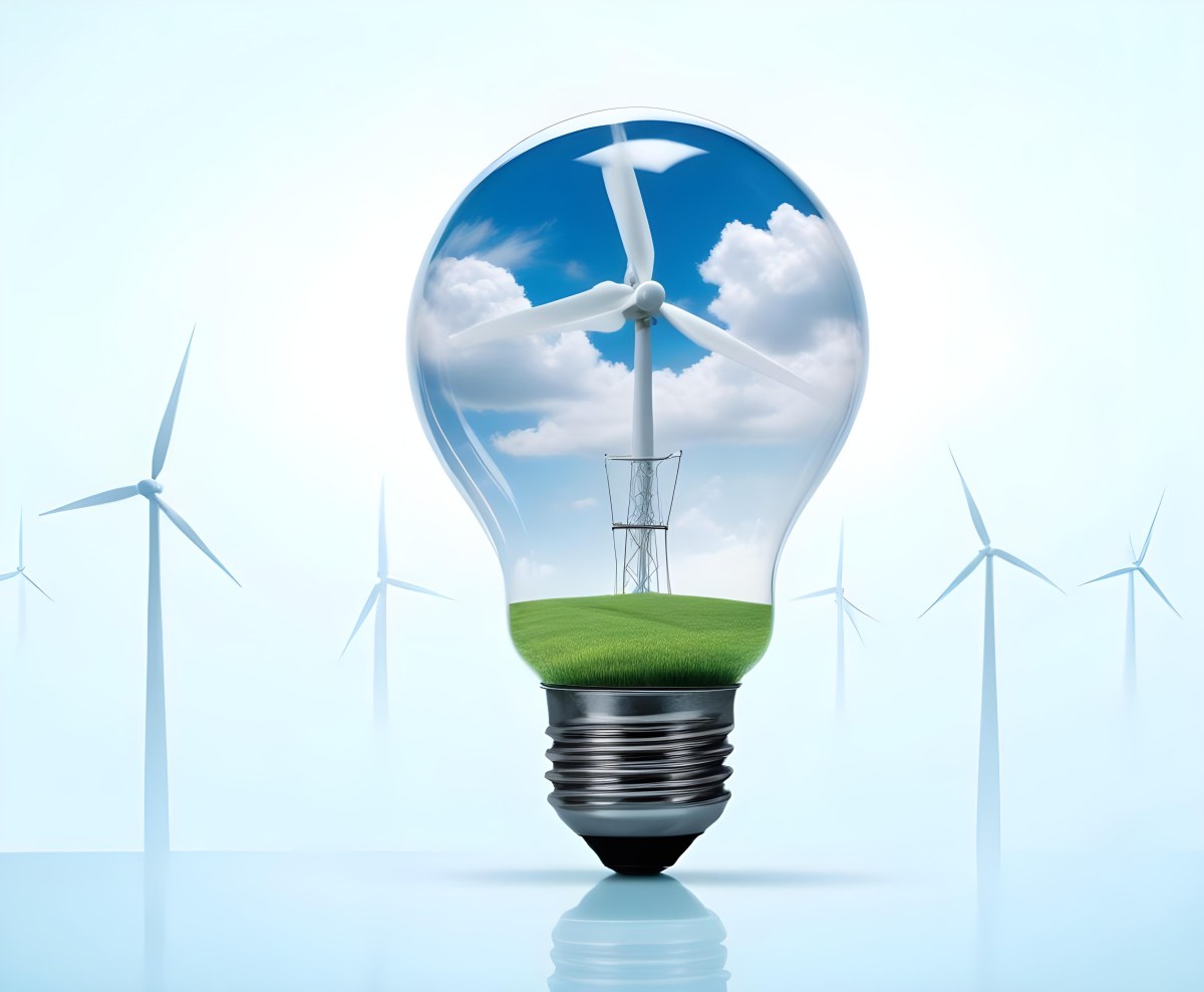 A Light Bulb With A Green Field And Wind Turbines Inside Blue Sky With Clouds More Wind Turbines In The Background 18 9378