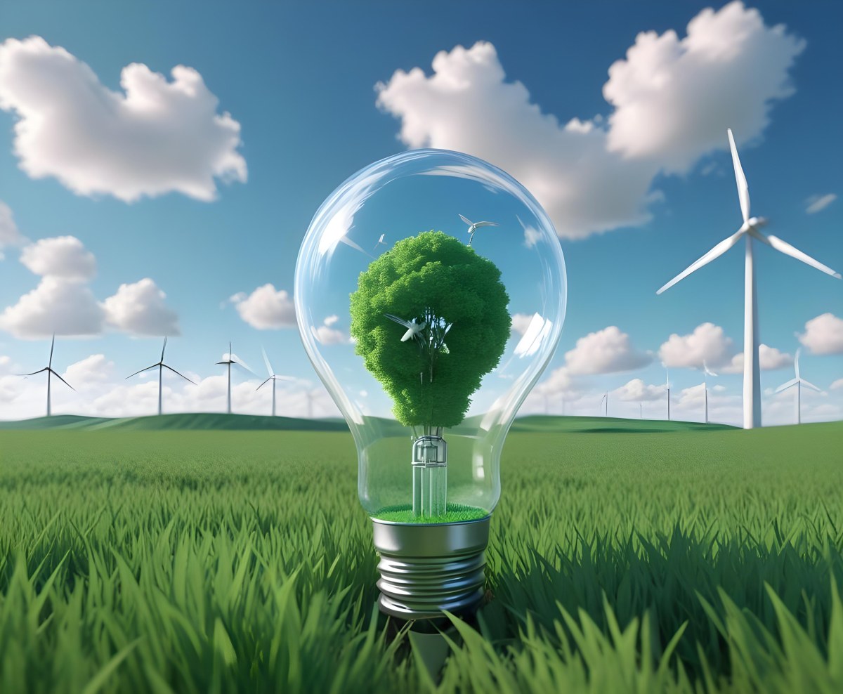 A Light Bulb With A Green Field And Wind Turbines Inside Blue Sky With Clouds More Wind Turbines In The Background 22 347f