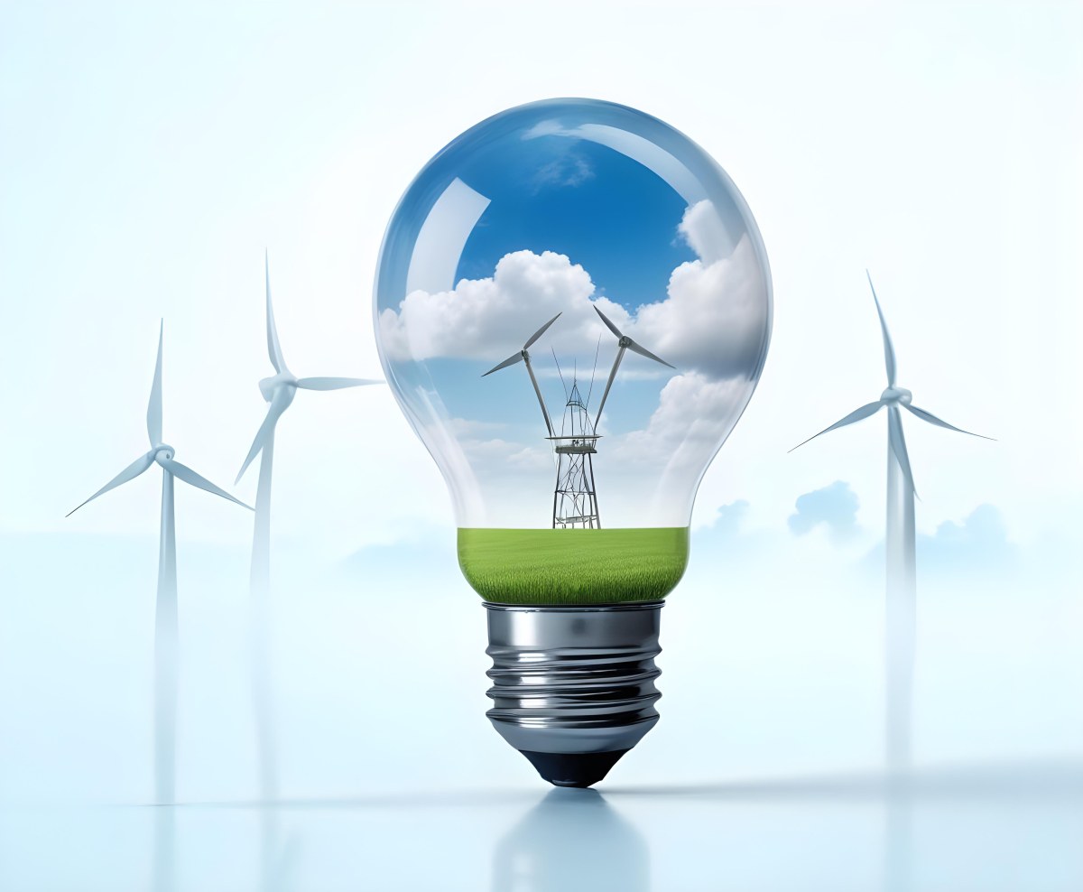 A Light Bulb With A Green Field And Wind Turbines Inside Blue Sky With Clouds More Wind Turbines In The Background 3 46e3