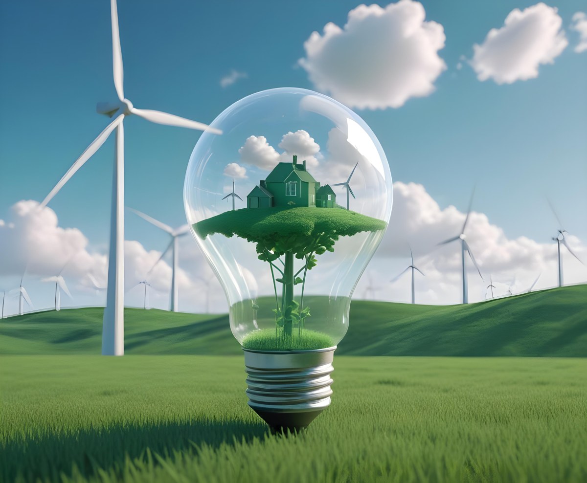 A Light Bulb With A Green Field And Wind Turbines Inside Blue Sky With Clouds More Wind Turbines In The Background 31 2de5