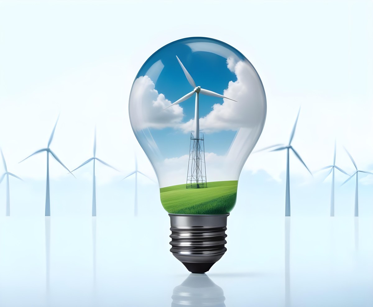 A Light Bulb With A Green Field And Wind Turbines Inside Blue Sky With Clouds More Wind Turbines In The Background 46 8f3a