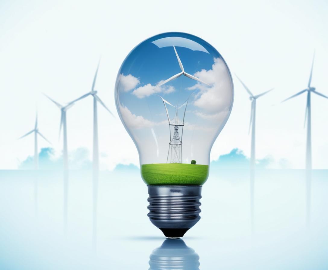 A Light Bulb With A Green Field And Wind Turbines Inside Blue Sky With Clouds More Wind Turbines In The Background 52 5439