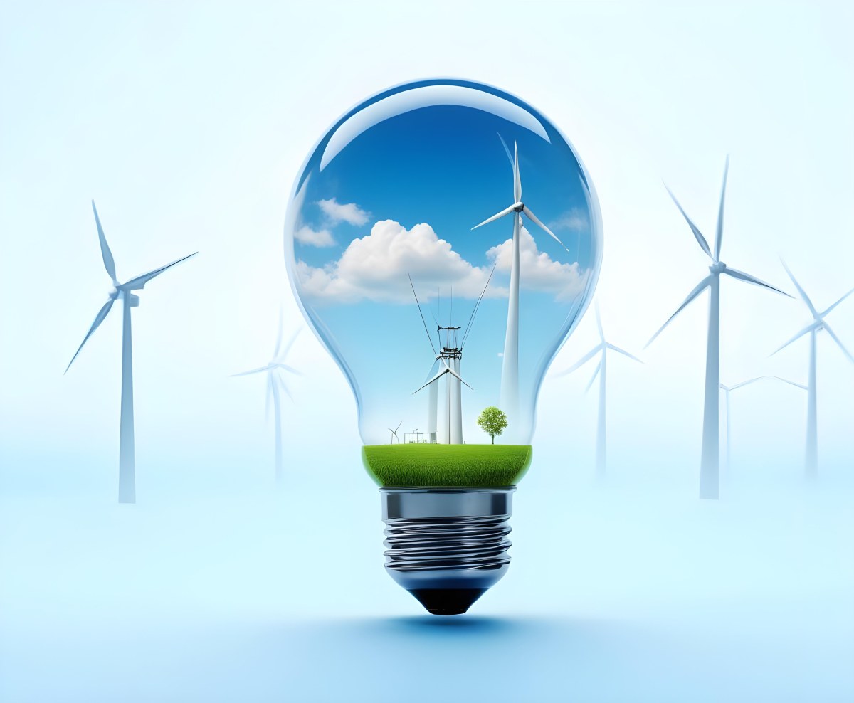 A Light Bulb With A Green Field And Wind Turbines Inside Blue Sky With Clouds More Wind Turbines In The Background 53 572b