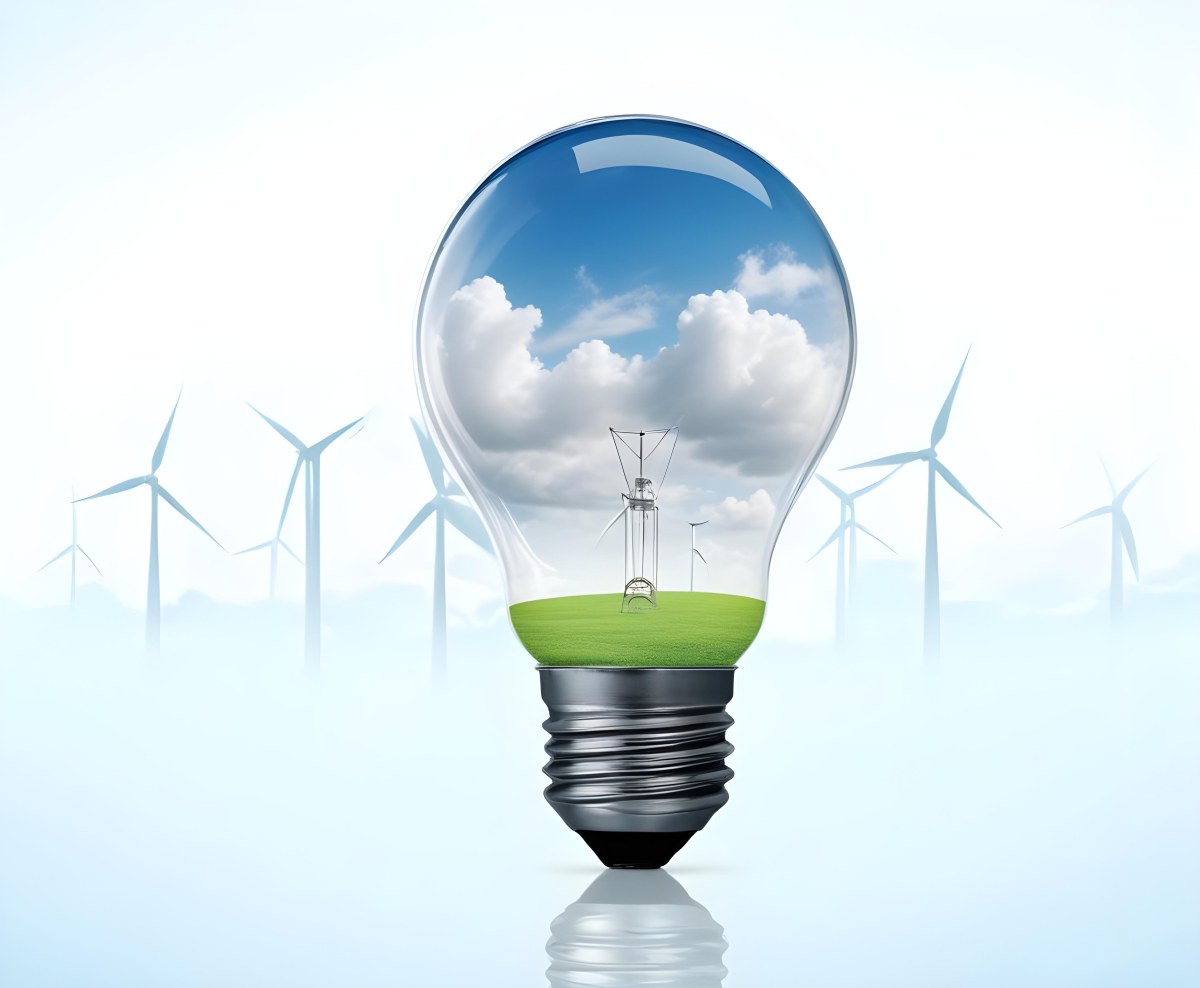 A Light Bulb With A Green Field And Wind Turbines Inside Blue Sky With Clouds More Wind Turbines In The Background 54 F419
