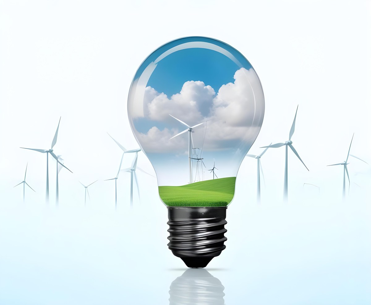 A Light Bulb With A Green Field And Wind Turbines Inside Blue Sky With Clouds More Wind Turbines In The Background 55 43bb