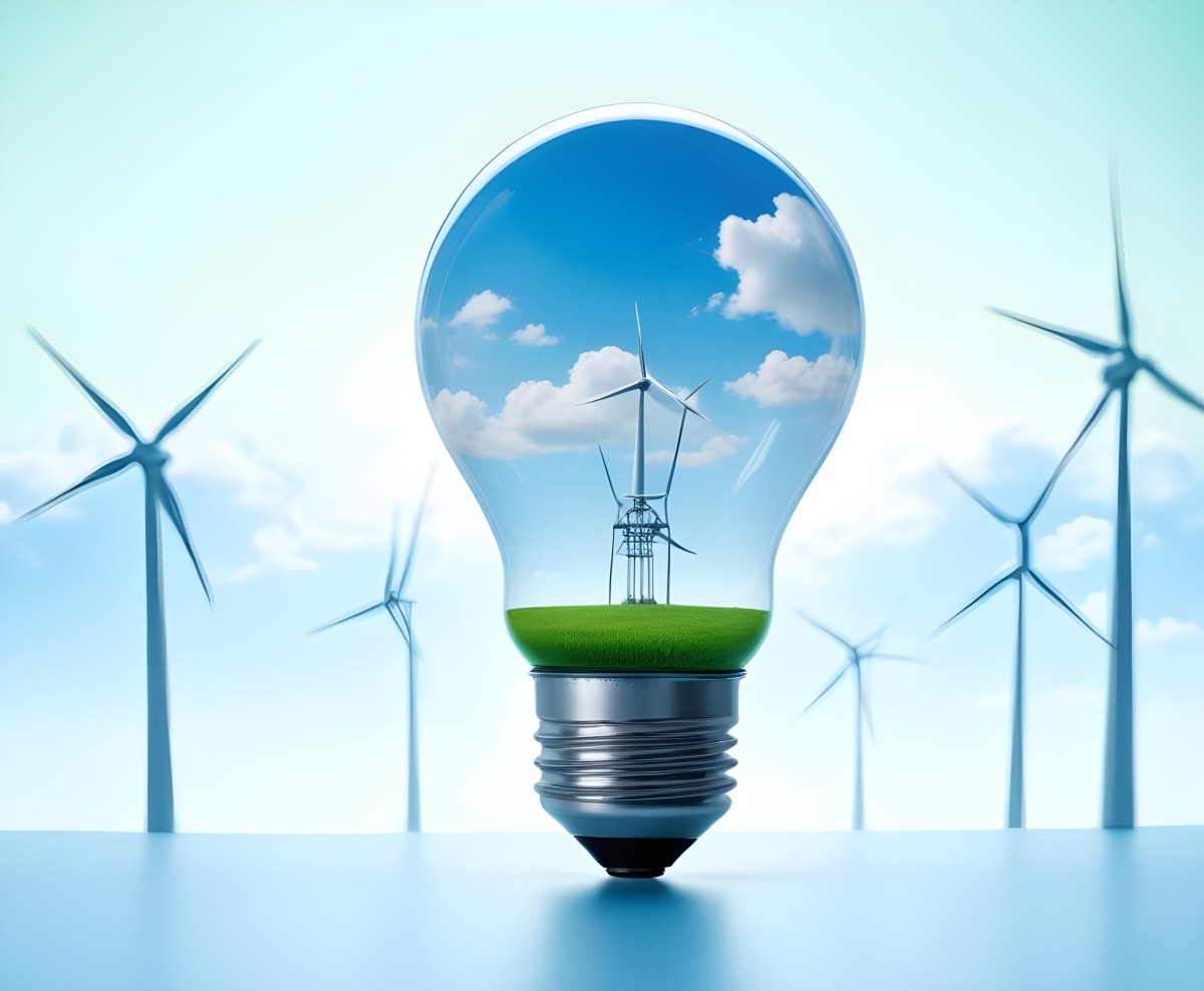 A Light Bulb With A Green Field And Wind Turbines Inside Blue Sky With Clouds More Wind Turbines In The Background 56 3dbd