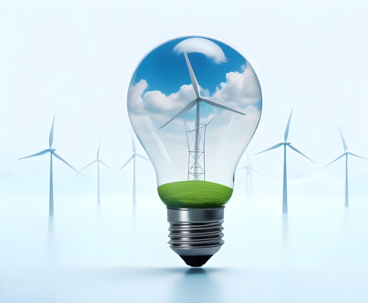 A Light Bulb With A Green Field And Wind Turbines Inside Blue Sky With Clouds More Wind Turbines In The Background 6 F734