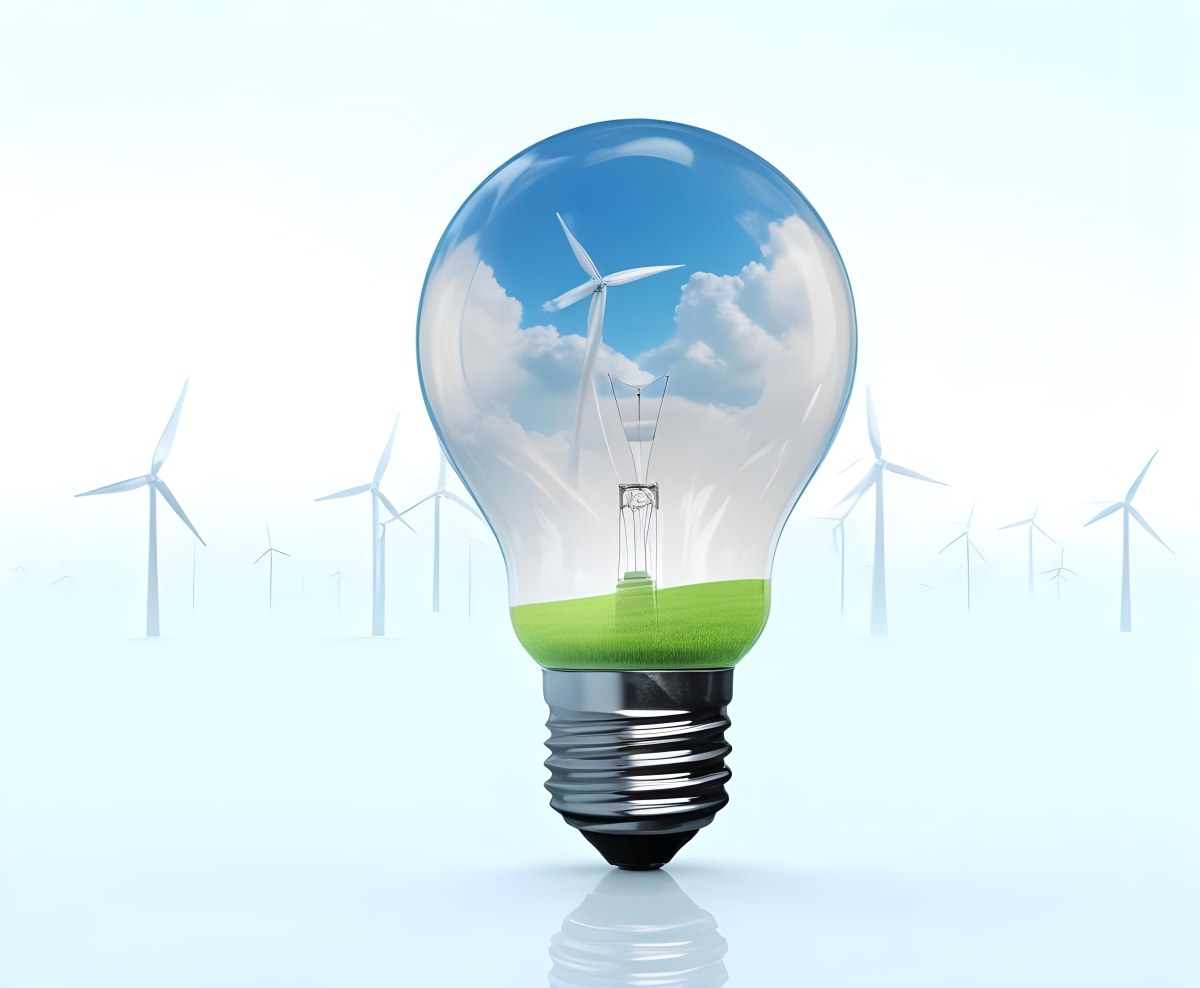 A Light Bulb With A Green Field And Wind Turbines Inside Blue Sky With Clouds More Wind Turbines In The Background 7 00dc