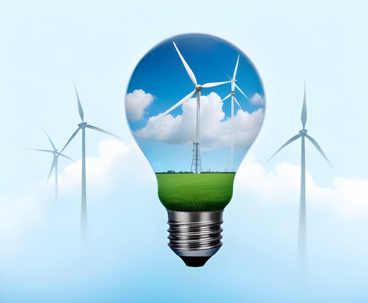 A Light Bulb With A Green Field And Wind Turbines Inside Blue Sky With Clouds More Wind Turbines In The Background 7 81d0