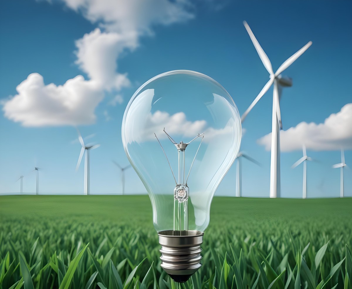 A Light Bulb With A Green Field And Wind Turbines Inside Blue Sky With Clouds More Wind Turbines In The Background 8 Ae03