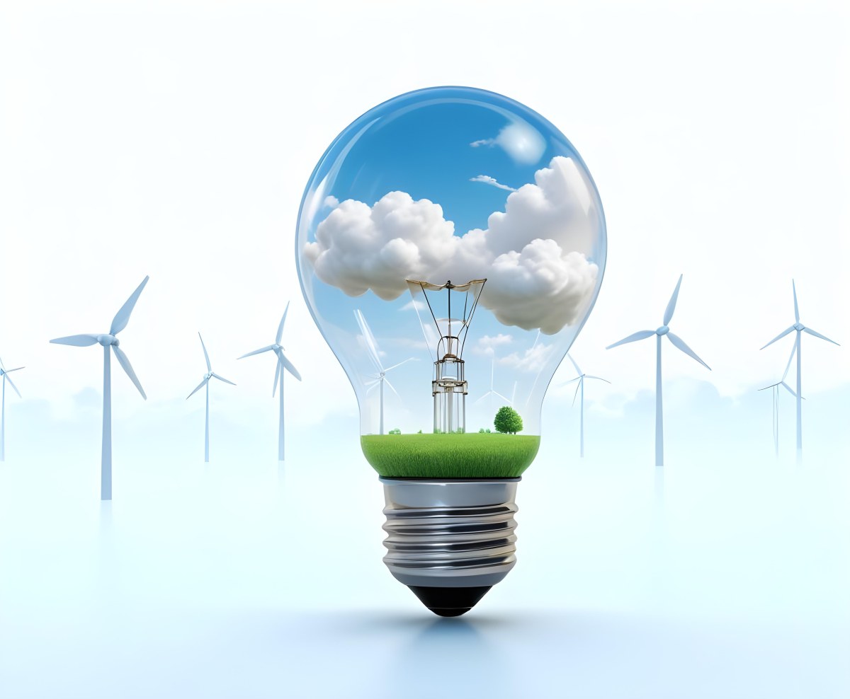 A Light Bulb With A Green Field And Wind Turbines Inside Blue Sky With Clouds More Wind Turbines In The Background 8 B9d7