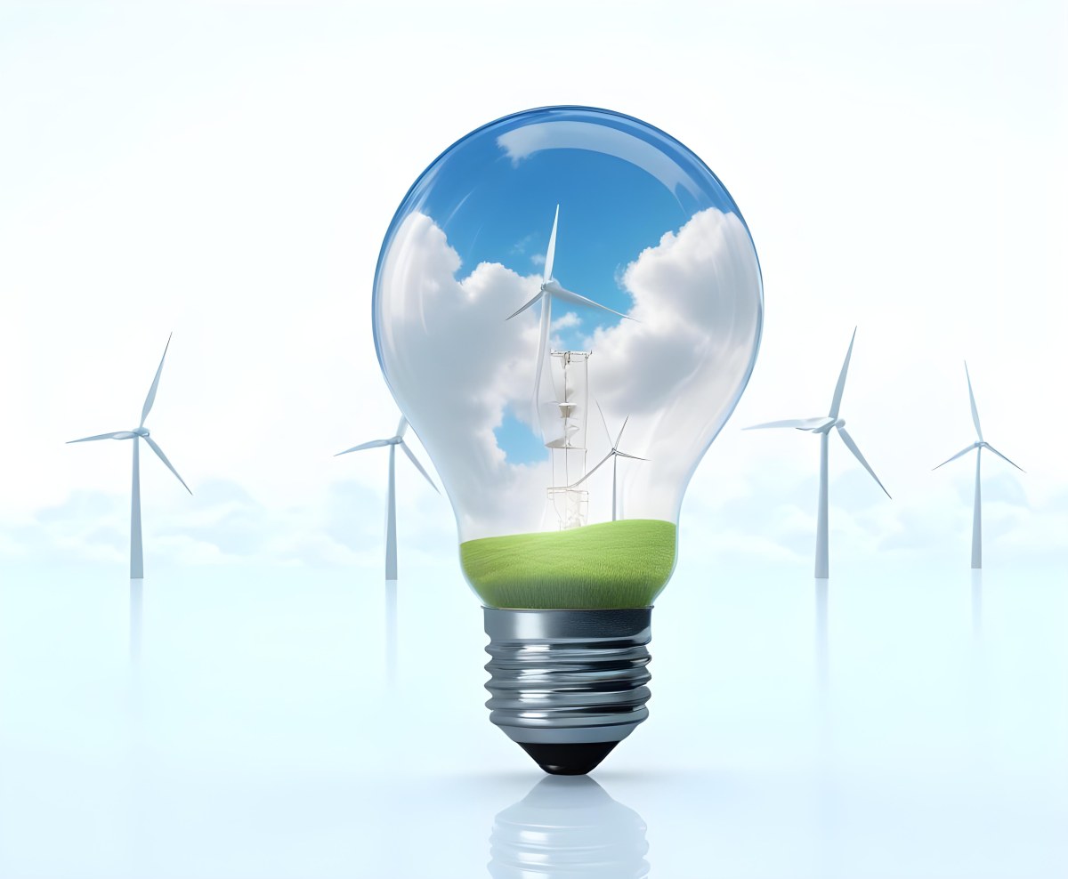 A Light Bulb With A Green Field And Wind Turbines Inside Blue Sky With Clouds More Wind Turbines In The Background 9 2429