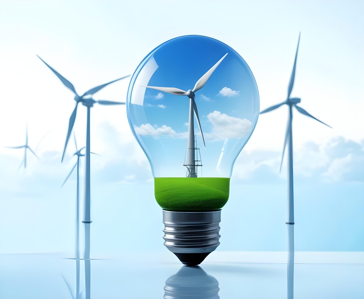 A Light Bulb With A Green Field And Wind Turbines Inside Blue Sky With Clouds More Wind Turbines In The Background 9 3c8e