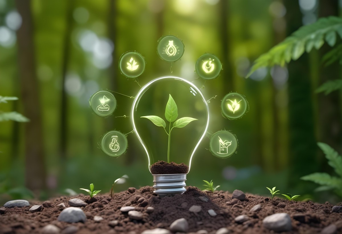 A Light Bulb With A Plant Inside On Top Of Soil Surrounded By Icons Of Renewable Energy In A Forest 13 1a67