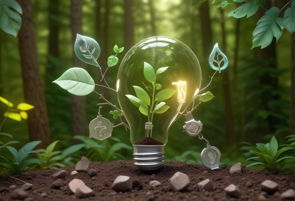 A Light Bulb With A Plant Inside On Top Of Soil Surrounded By Icons Of Renewable Energy In A Forest 15 Aa8d