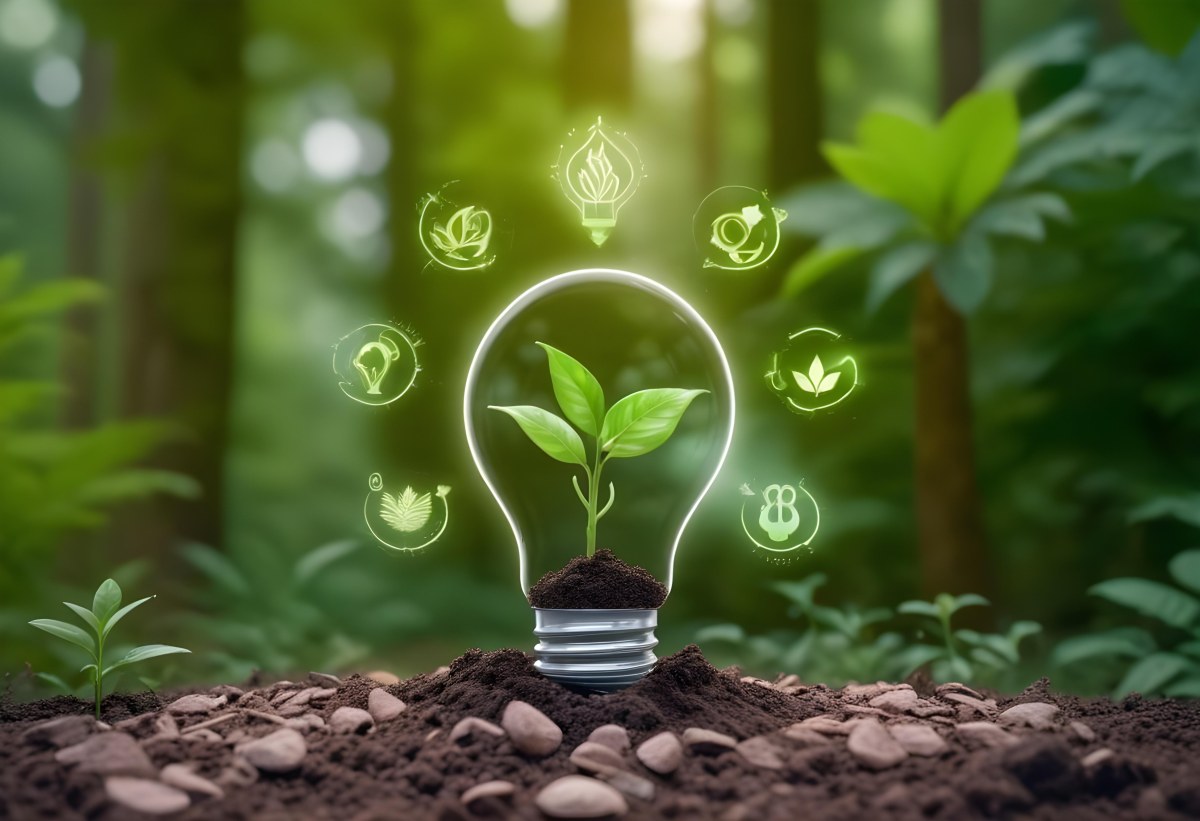 A Light Bulb With A Plant Inside On Top Of Soil Surrounded By Icons Of Renewable Energy In A Forest 19 3e89