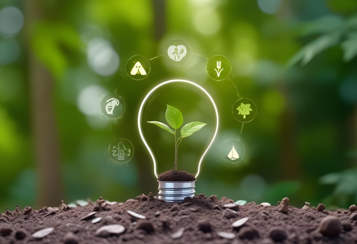 A Light Bulb With A Plant Inside On Top Of Soil Surrounded By Icons Of Renewable Energy In A Forest 22 E4d4