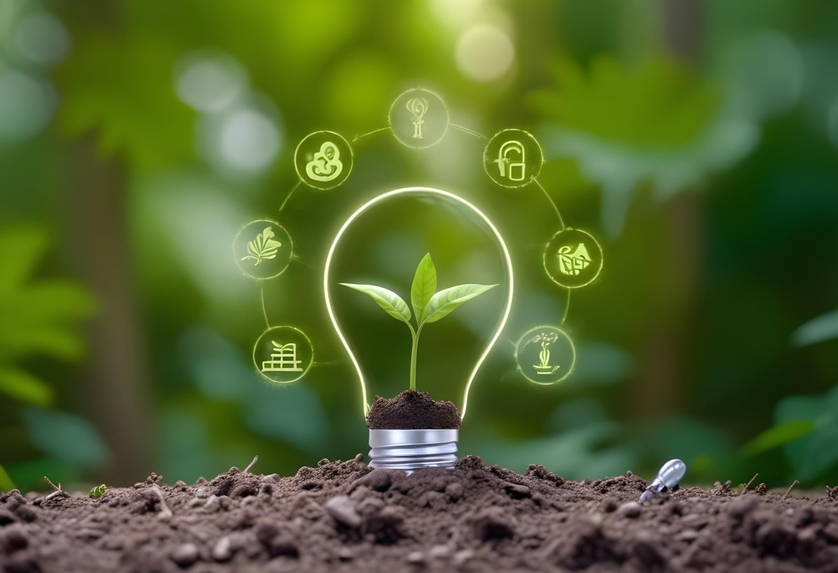 A Light Bulb With A Plant Inside On Top Of Soil Surrounded By Icons Of Renewable Energy In A Forest 34 859d