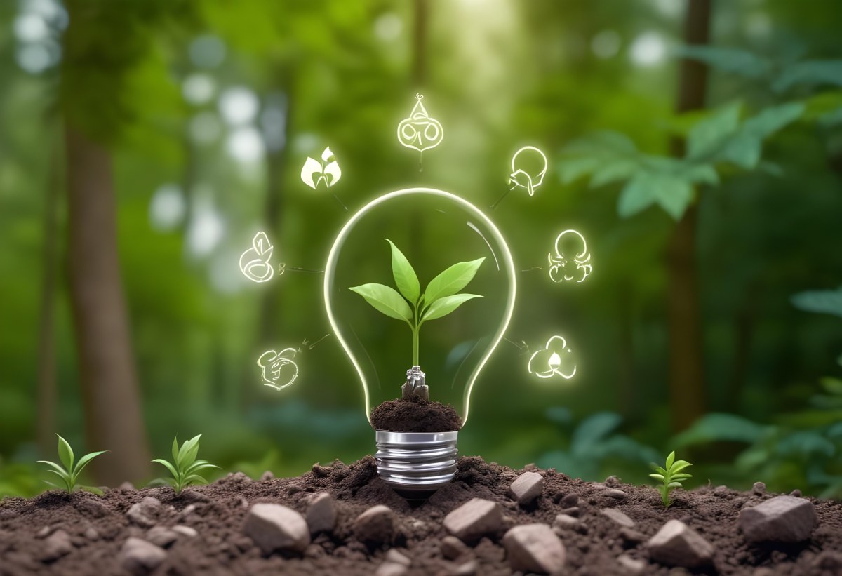 A Light Bulb With A Plant Inside On Top Of Soil Surrounded By Icons Of Renewable Energy In A Forest 4 25cd