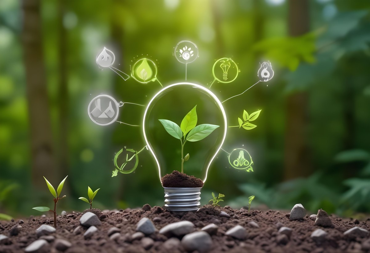 A Light Bulb With A Plant Inside On Top Of Soil Surrounded By Icons Of Renewable Energy In A Forest 41 9557