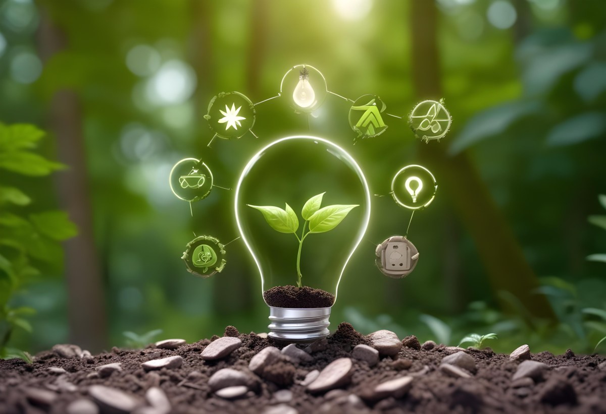 A Light Bulb With A Plant Inside On Top Of Soil Surrounded By Icons Of Renewable Energy In A Forest 43 226f