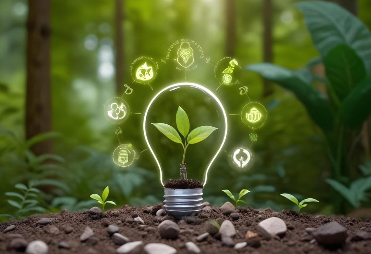 A Light Bulb With A Plant Inside On Top Of Soil Surrounded By Icons Of Renewable Energy In A Forest 48 37f5