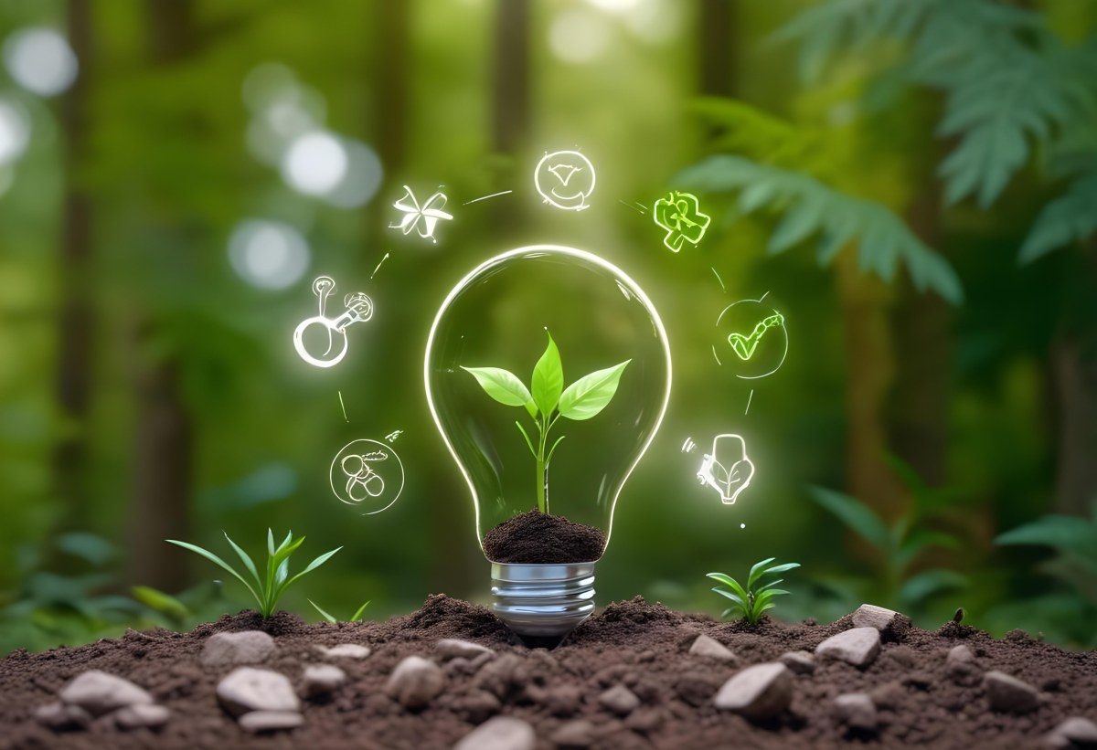 A Light Bulb With A Plant Inside On Top Of Soil Surrounded By Icons Of Renewable Energy In A Forest 49 9889