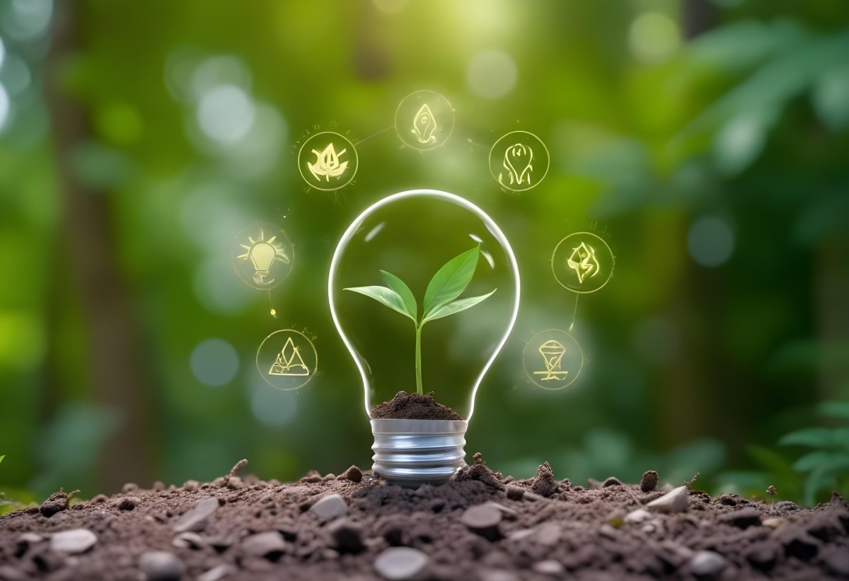 A Light Bulb With A Plant Inside On Top Of Soil Surrounded By Icons Of Renewable Energy In A Forest 50 7845