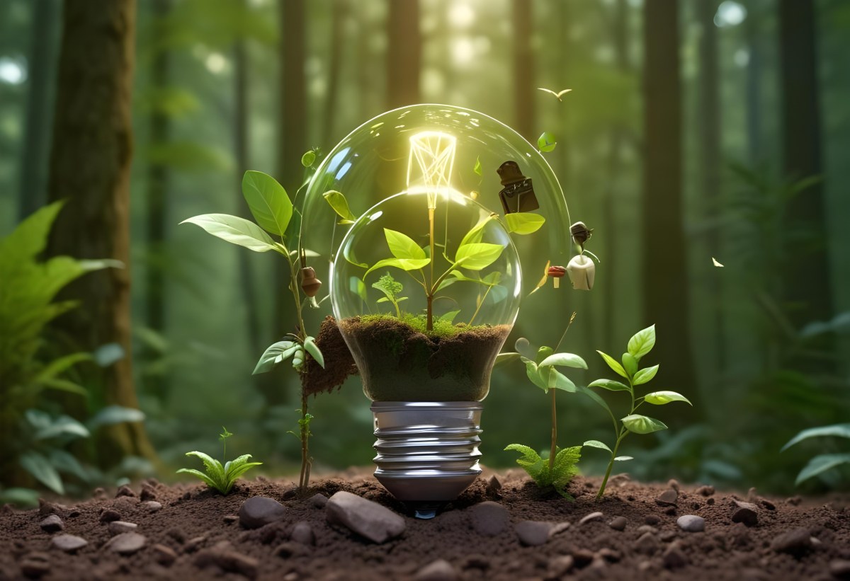 A Light Bulb With A Plant Inside On Top Of Soil Surrounded By Icons Of Renewable Energy In A Forest 51 De98