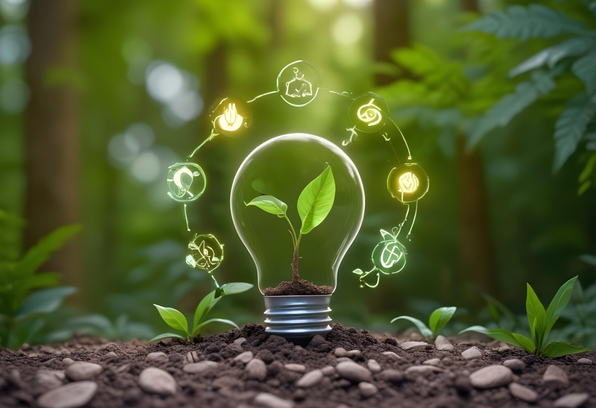 A Light Bulb With A Plant Inside On Top Of Soil Surrounded By Icons Of Renewable Energy In A Forest 52 4a6e