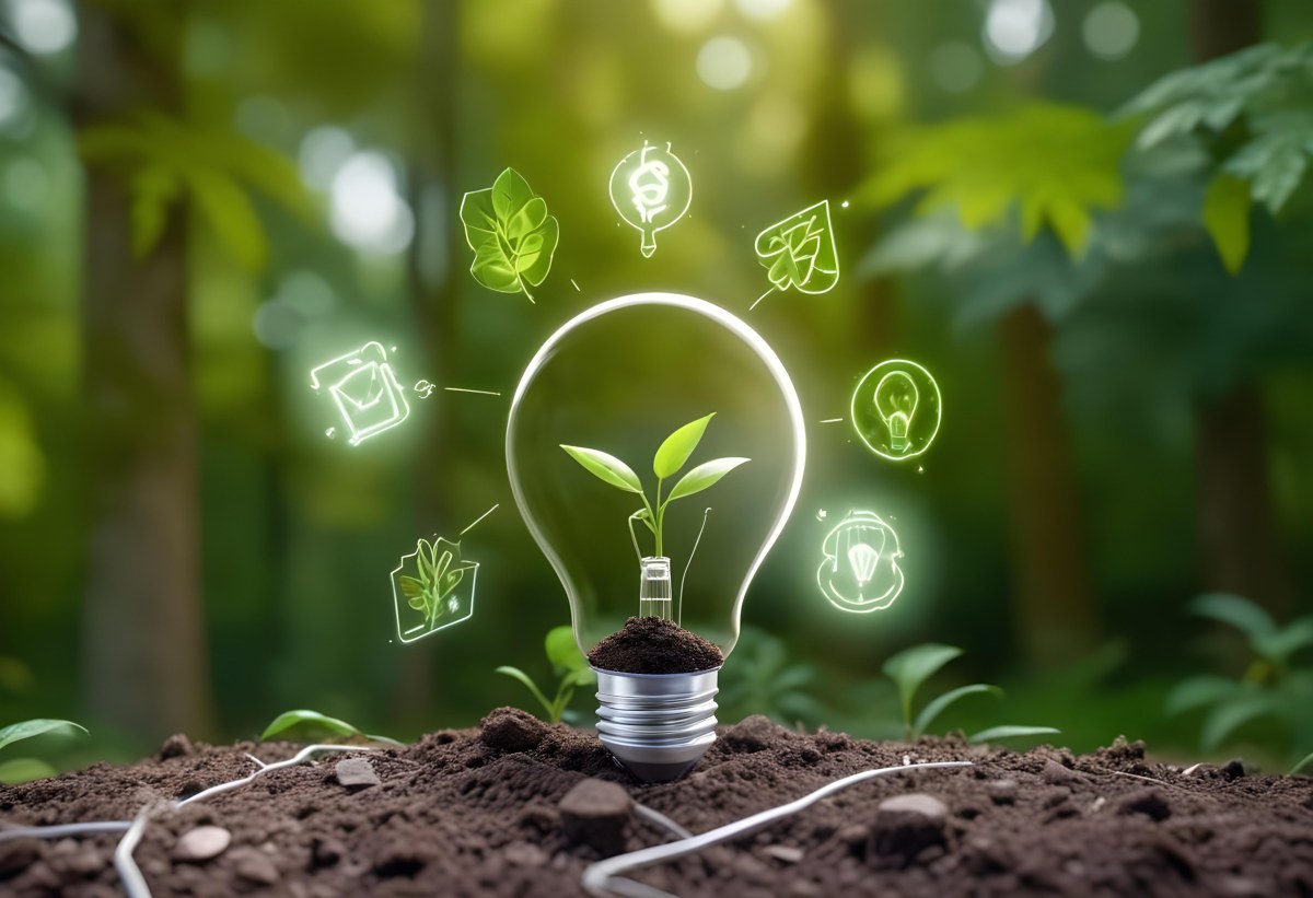 A Light Bulb With A Plant Inside On Top Of Soil Surrounded By Icons Of Renewable Energy In A Forest 53 377e