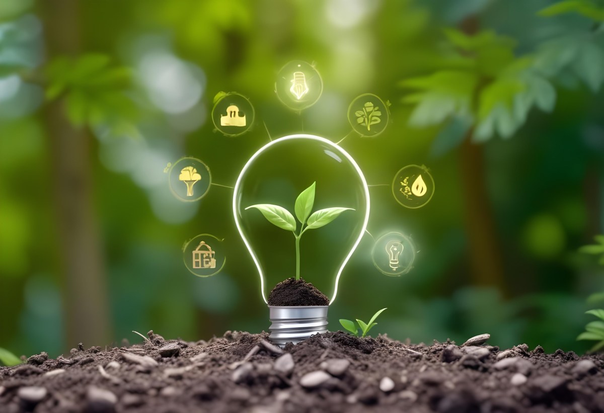 A Light Bulb With A Plant Inside On Top Of Soil Surrounded By Icons Of Renewable Energy In A Forest 54 5b8f