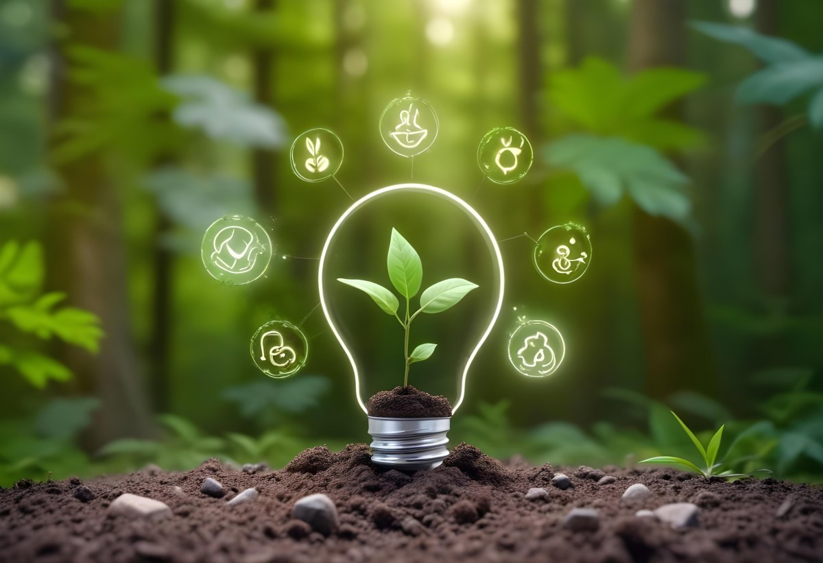 A Light Bulb With A Plant Inside On Top Of Soil Surrounded By Icons Of Renewable Energy In A Forest 6 Abfa