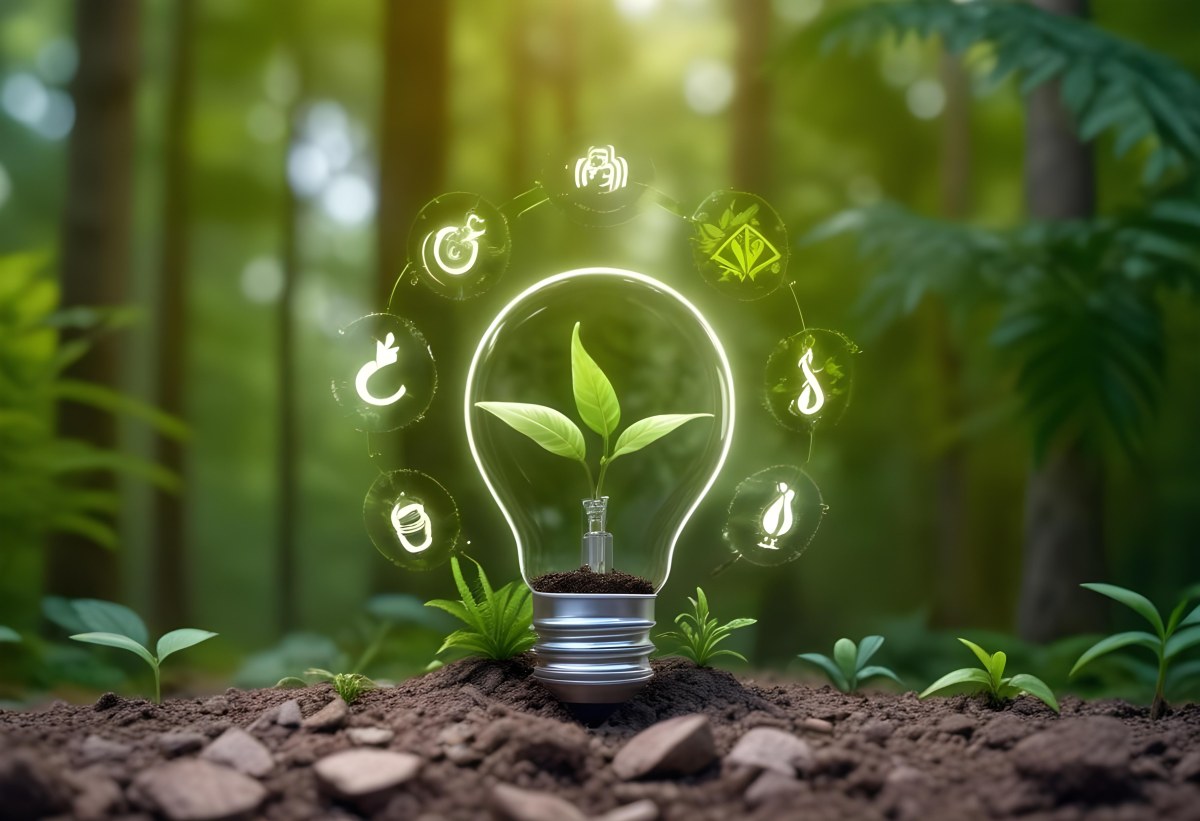 A Light Bulb With A Plant Inside On Top Of Soil Surrounded By Icons Of Renewable Energy In A Forest 8 99d8