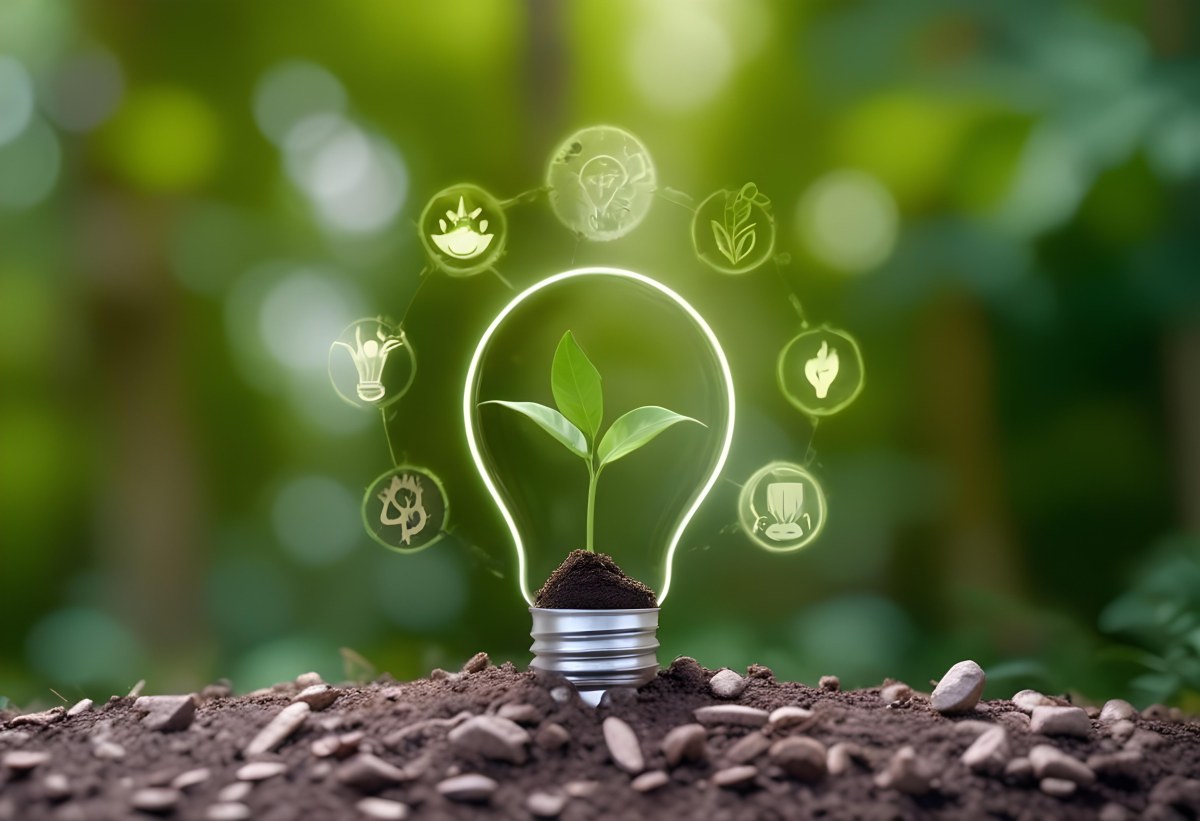 A Light Bulb With A Plant Inside On Top Of Soil Surrounded By Icons Of Renewable Energy In A Forest 9 8a2b