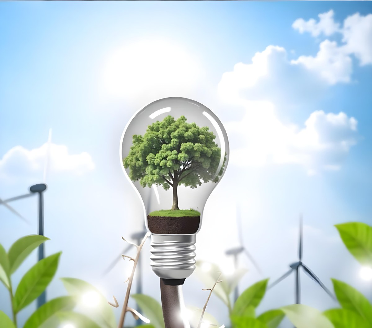A Light Bulb With A Tree Inside Green Leaves Around The Bulb Wind Turbines In The Background Blue Sky With Clouds Concept Of Green Energy 5 3d6c