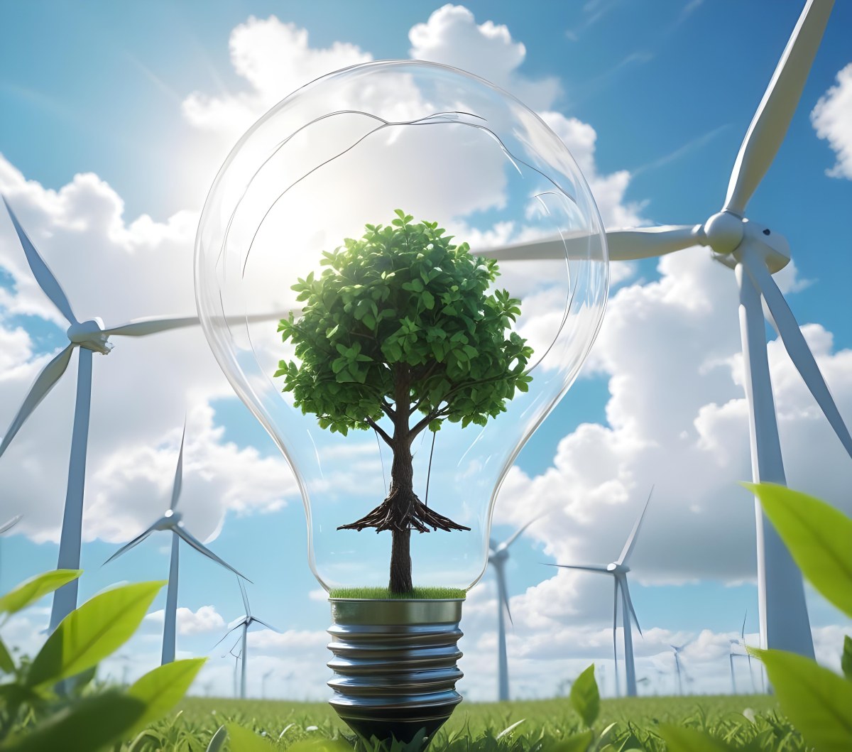 A Light Bulb With A Tree Inside Green Leaves Around The Bulb Wind Turbines In The Background Blue Sky With Clouds Concept Of Green Energy 6 019f